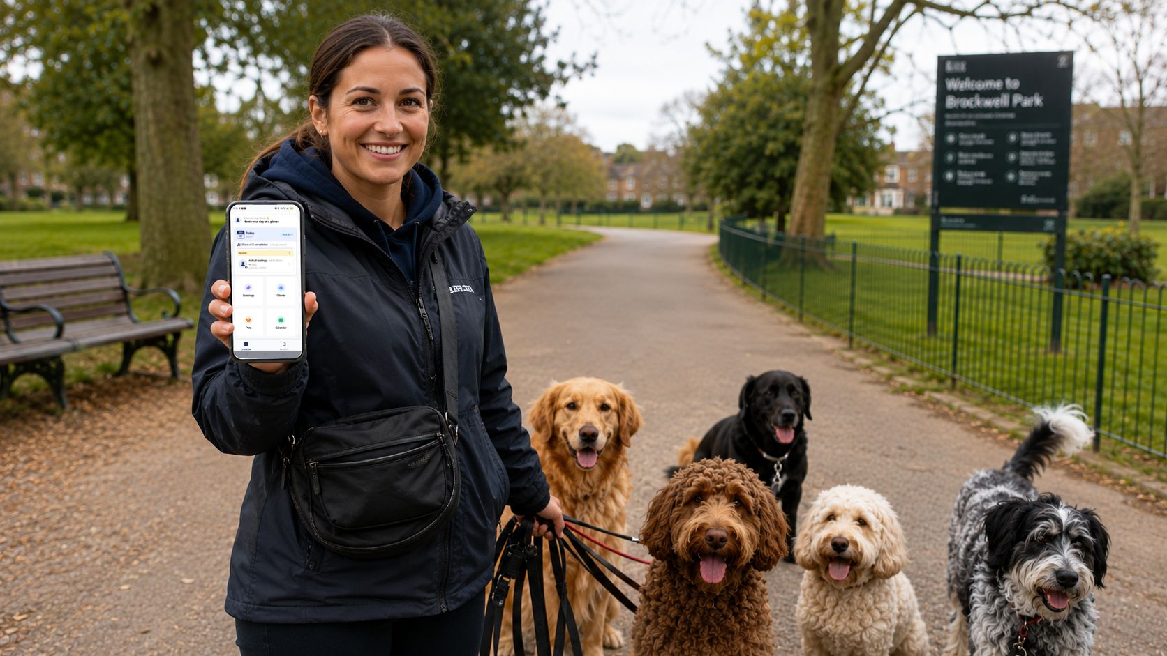UK dog walker using a pet sitting app on smartphone while managing bookings and clients during a dog walk in a park